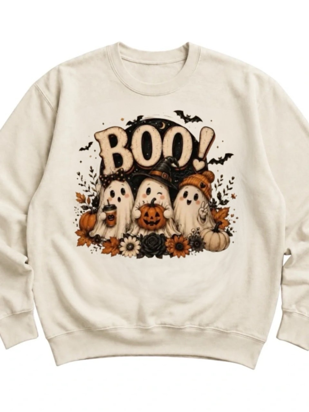 Cream 'BOO!' Ghost Graphic Crewneck Sweatshirt